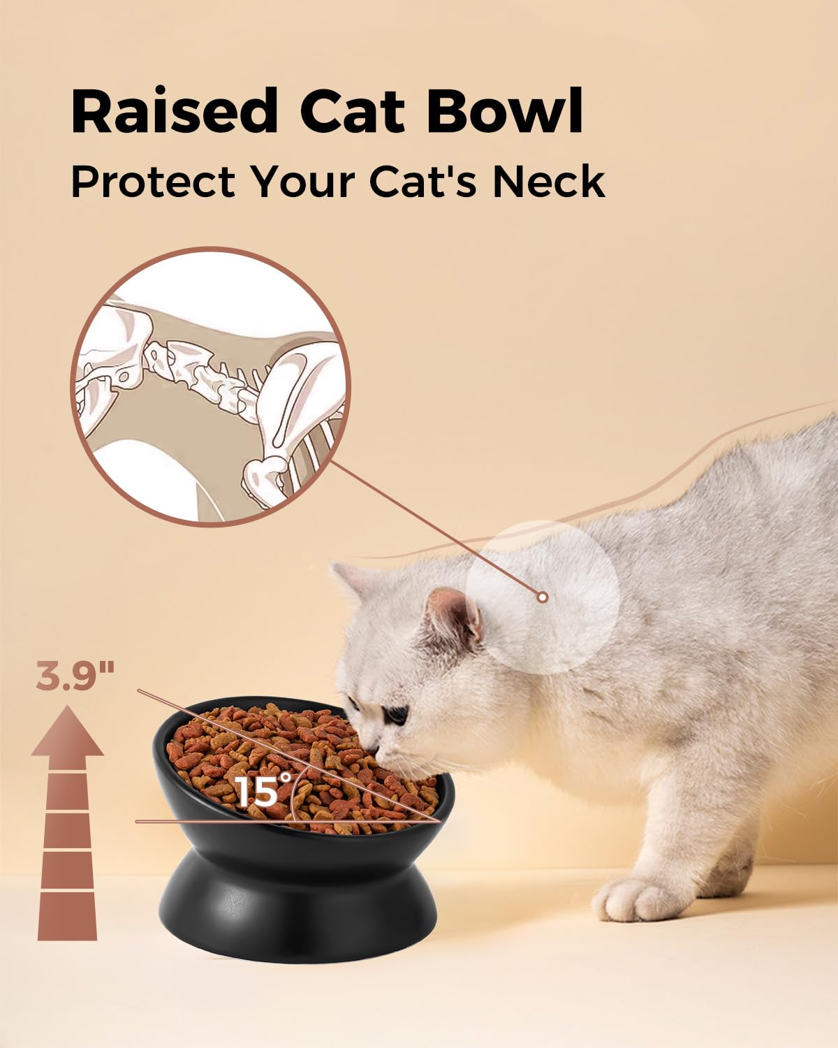 LoeJan Ciotola rialzata per cibo per gatti, 141,7 g, in ceramica, rialzata e inclinata, anti vomito e protegge le spine degli animali domestici, per cani di piccola taglia, gatti con faccia grassa