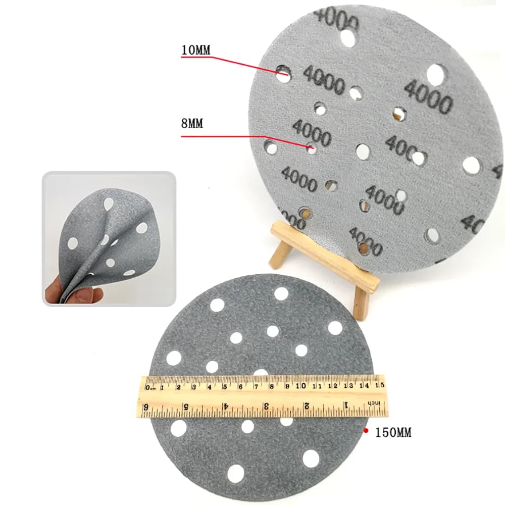 Discos De Lijado De 150mm, Almohadillas Para LIJADORA Orbital De Grano 600-5000, Papel De Lija Abrasivo Para Pintura De Película De 17 Agujeros En Seco Y Húmedo De 6",Grano 600
