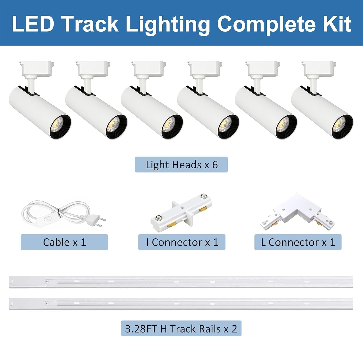pista de iluminación kits de cabezas, 6 luces de la pista extendida 2x1m H Tipo de carriles de la pista 20W 3000K blanco cálido lámpara de techo del proyector