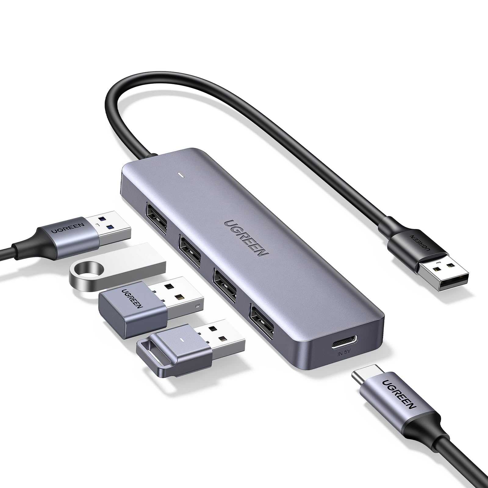UGREEN USB HUB 3.0, USB Splitter 5-in-1, USB Extender with 5V/2.4A PD, 5Gbps Data Transfer, Slim Multiport Adapter for Laptop/PC/Mouse/Keyboard/Harddisk/Printer, Compatible with Windows/Linux, etc.