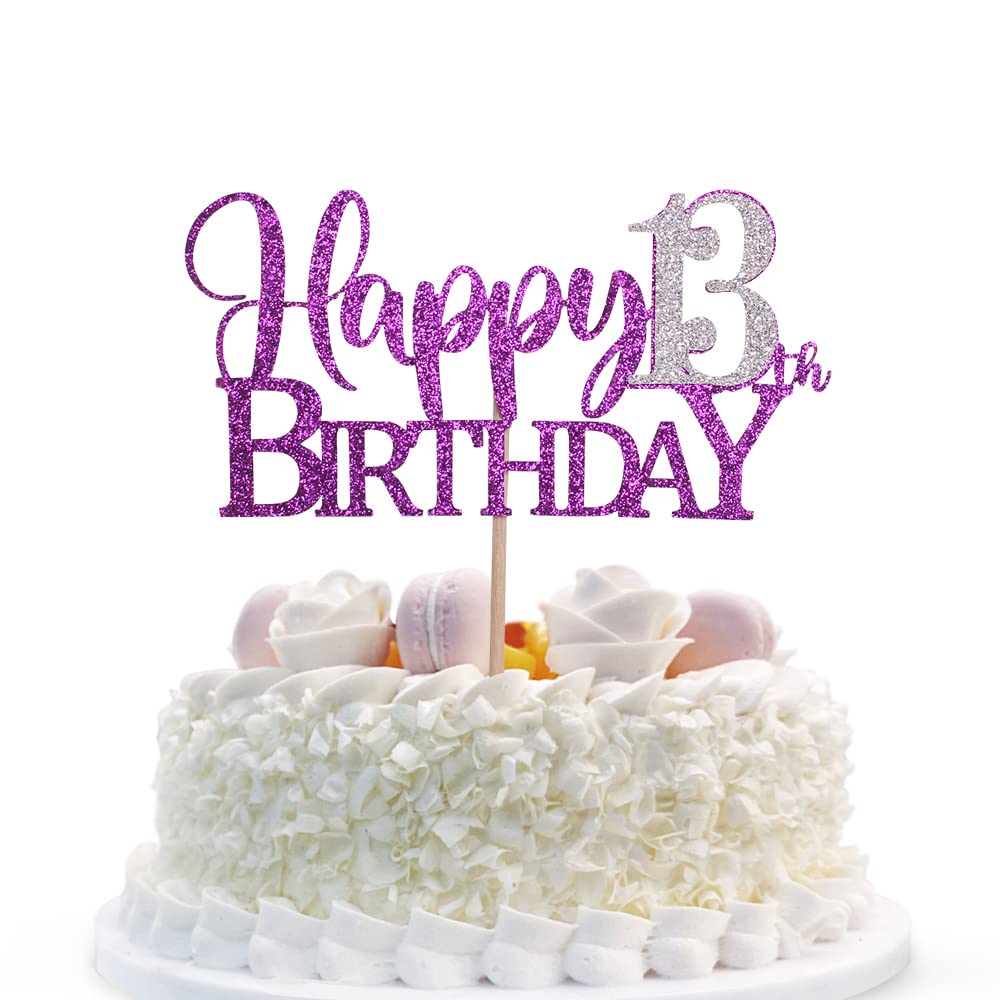 Sunny ZX Purple Glitter Happy 13th Birthday Cake Topper,Hello 13