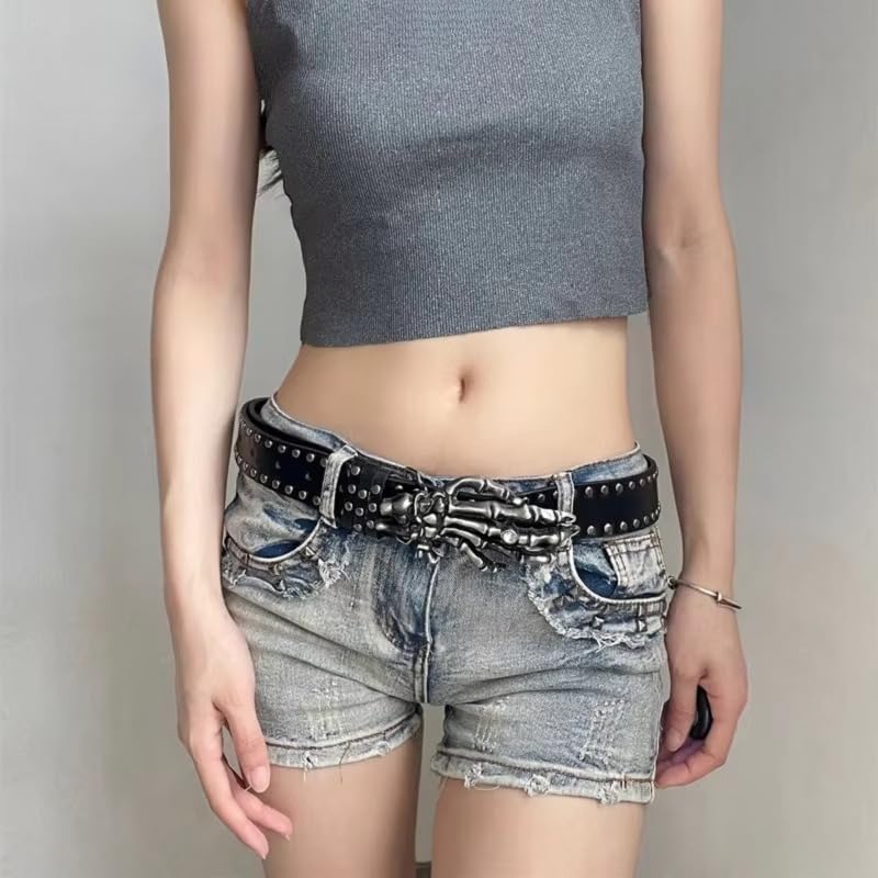 Skeleton Hand Buckle Studded Leather Belt – Adjustable Punk Rock Gothic Y2K Waist Belt for Jeans, Streetwear3