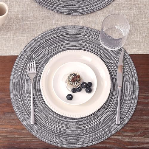 Image of SHACOS Round Braided Placemats Set of 8 Round Table Mats for Dining Tables Non Slip Washable (Black Gray, 8)