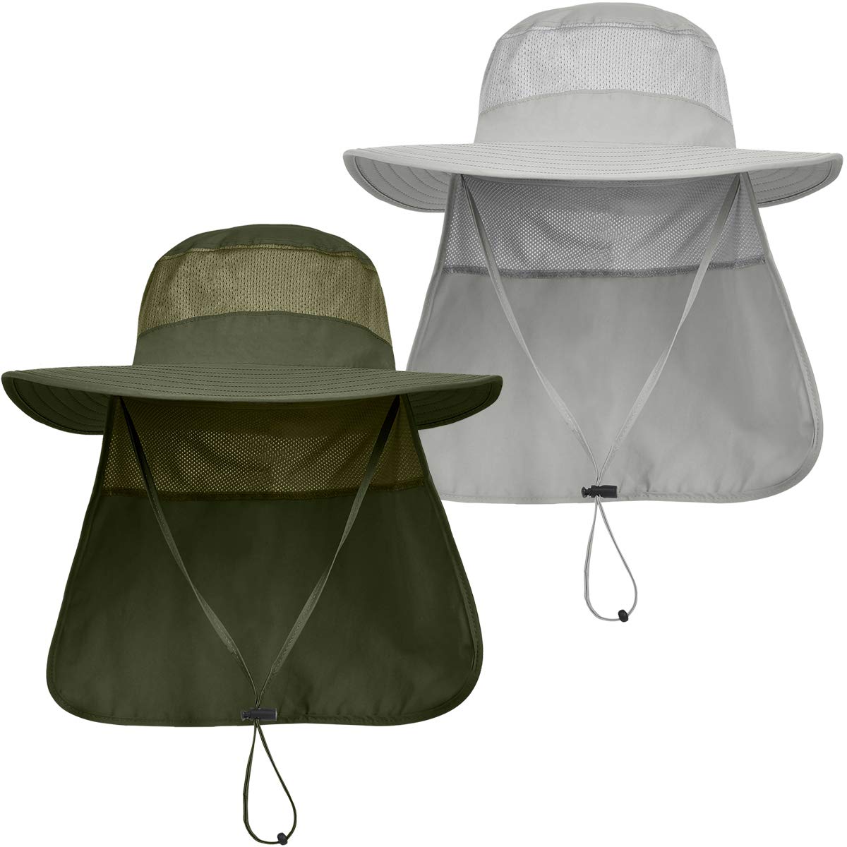 LCZTN Mens UPF 50+ Sun Protection Safari Cap Wide Brim Fishing Hiking Hat with Neck Flap for Garden Work, 2 Pack-light Grey＆army Green, One Size-X-Large