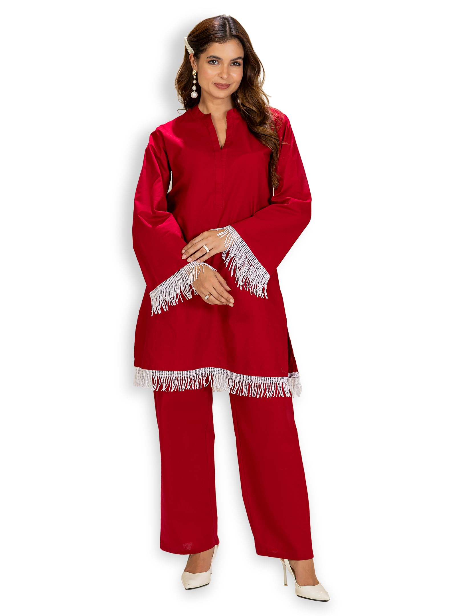 tittli Women Cotton Shine Blend Co-ord Set | Cuban Collar Printed Shirt & Trouser Set with Puff Print | Boxy Fit | Loose Sleeves | Casual Wear & Everyday Wear|M to XXL Cream-picture-24
