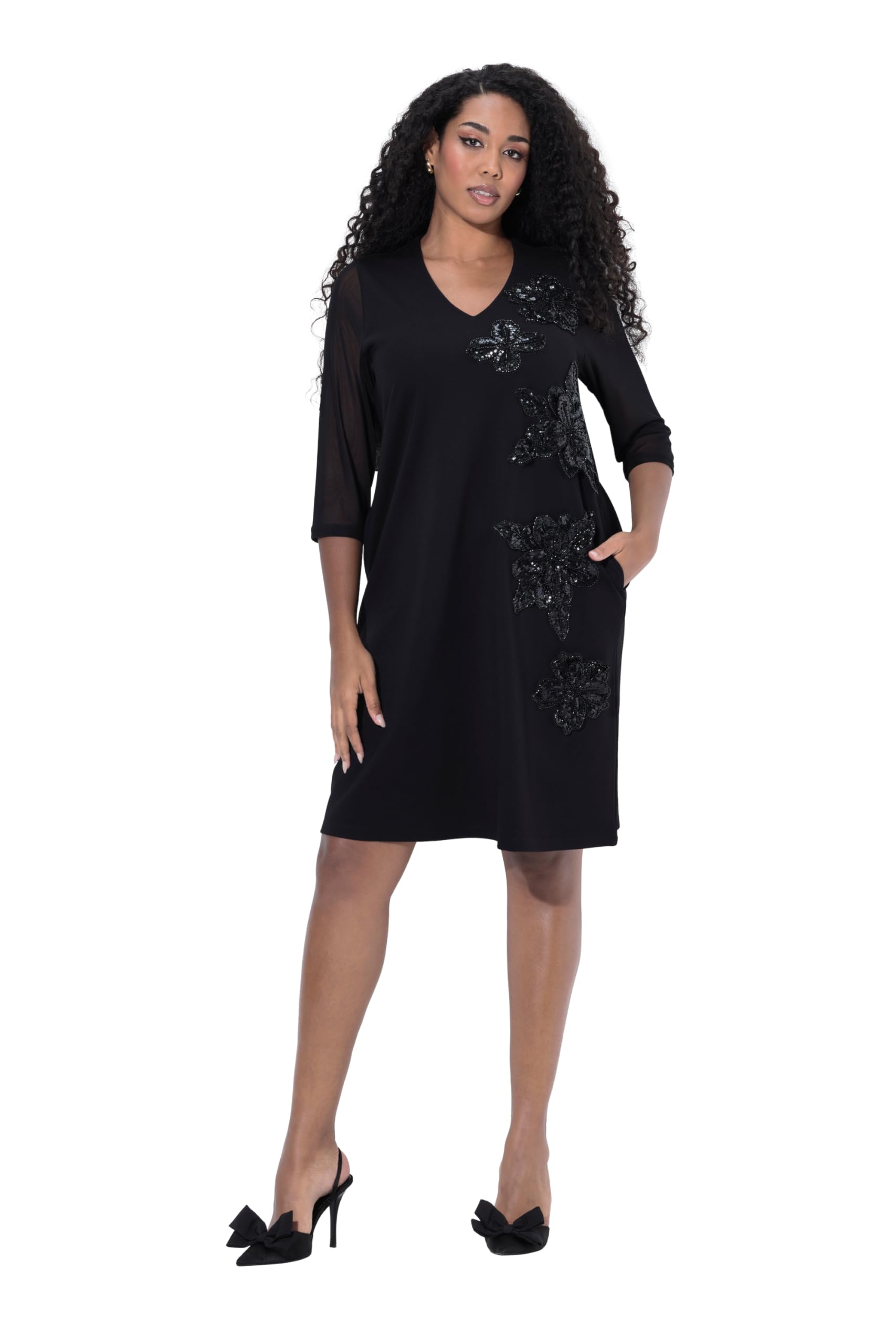 Ulla Popken Damen große Größen Übergrößen Plus Size Punto-Kleid, Pailletten-Blüten, V-Ausschnitt, 3/4-Arm 842682