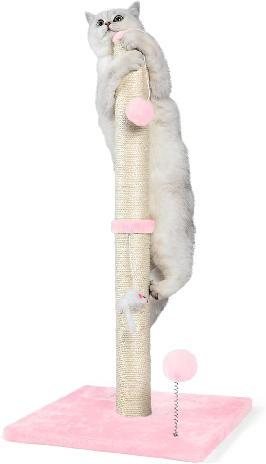 ANWA 32" Tall Cat Scratching Posts for Indoor Cats, 3-in-1 Cat Scratching Post with Plush Toys, Premium Sisal Post for Cats at All Ages with Reinforced Stable Base, Pink Basic Cat Post Pink