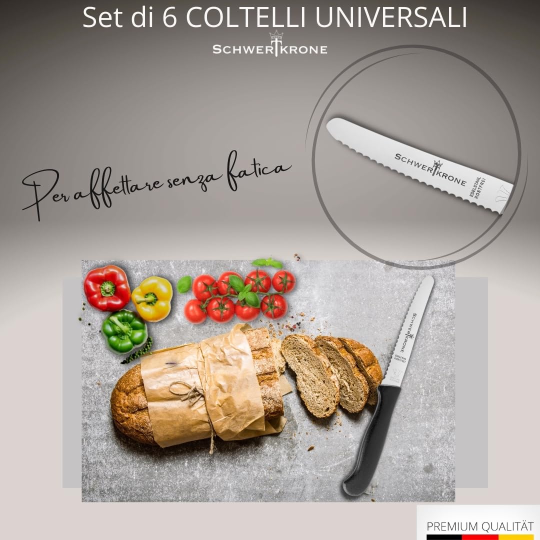Schwertkrone Solingen Set di 6 Coltelli da Tavola - Acciaio Inox - per Pane, Panini, Verdure ecc. - Coltelli da Colazione - Prodotti in Germania