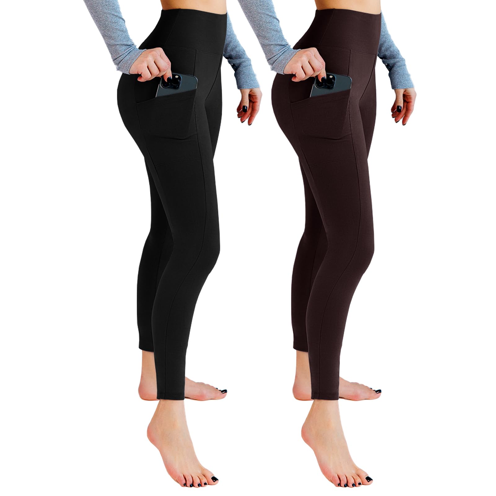 Leafigure 2 Pack Leggings with Pockets for Women, High Waisted Soft Leggings for Yoga Gym