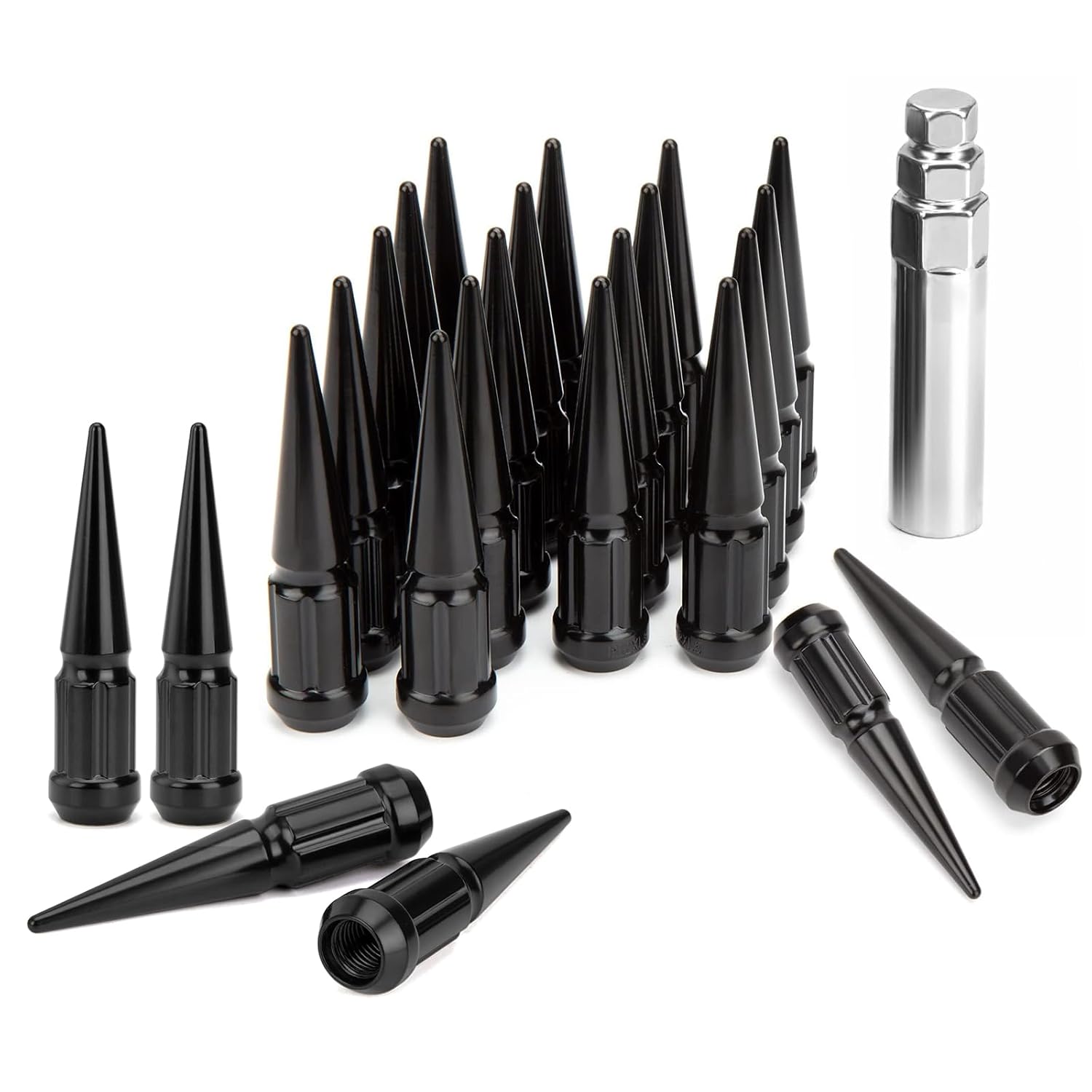DYNOFIT 12mmx1.5 Wheel Spike Lug Nuts, Compatible with Acura, Honda, Chevy, Hyundai, Toyota, Lexus, Mitsubishi 3.35 inch Tall Closed End Nuts with 1 Socket Key (24PCS Black)