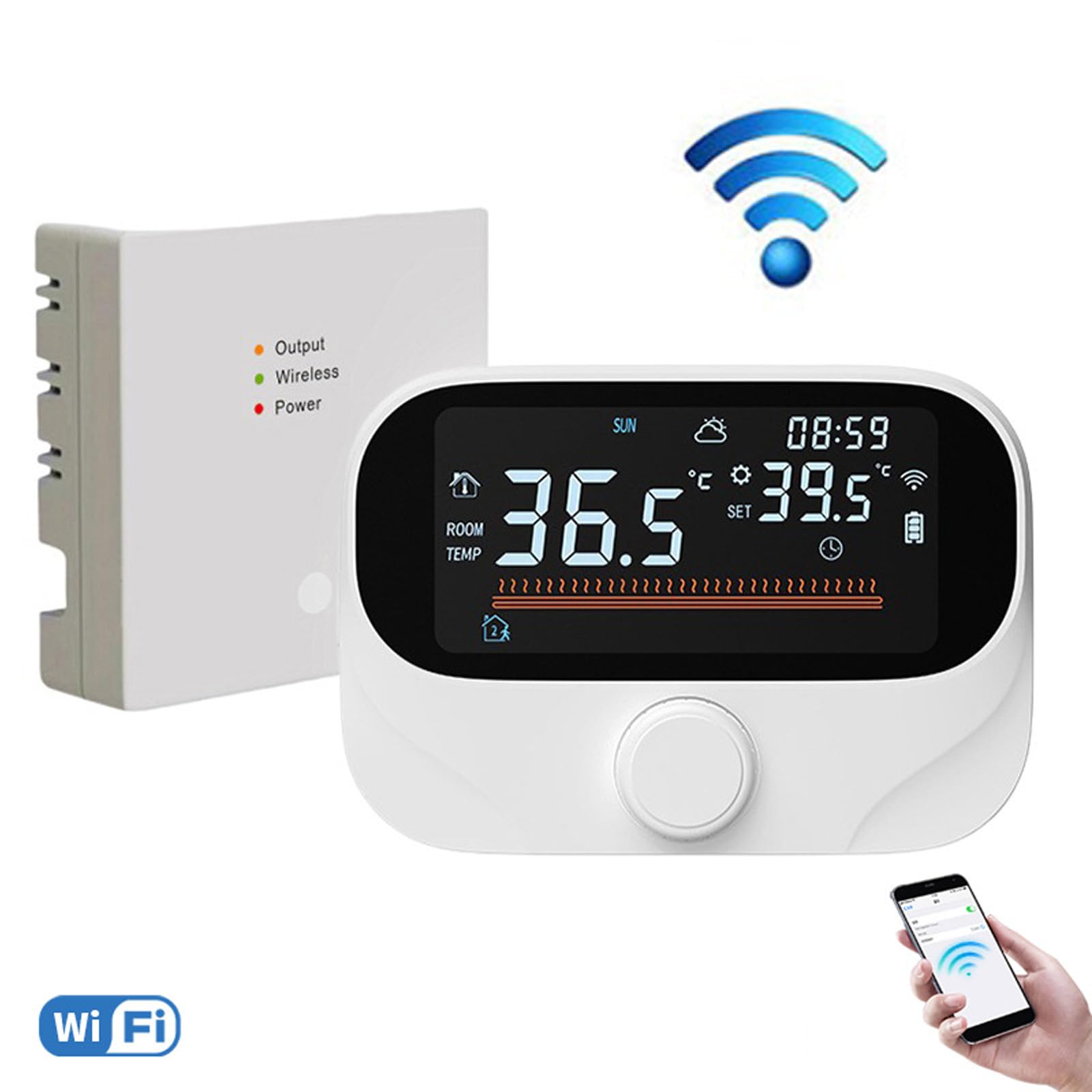 Oumefar WiFi Termostat Bojlera Termostat Pokojowy Sterownik Temperatury Programowalny Inteligentny Czas Pokrętło Obrotowe Wyświetlacz Pogody Pamięć Wyłączenia Zasilania z Odbiornikiem