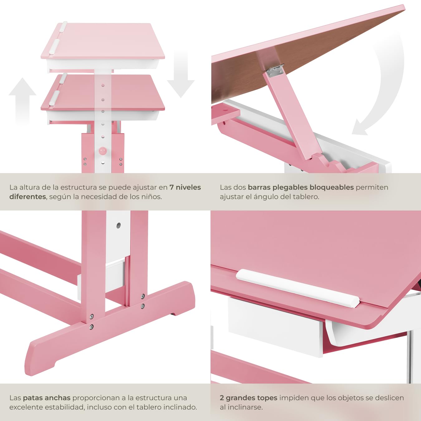 tectake® Escritorio Madera, Escritorio Elevable en 7 Posiciones, Tablero Inclinable, Cajón, Bordes Redondeados, Mesa Escritorio, Mesa de Estudio, Escritorio Infantil, Mesa Infantil - Rosa