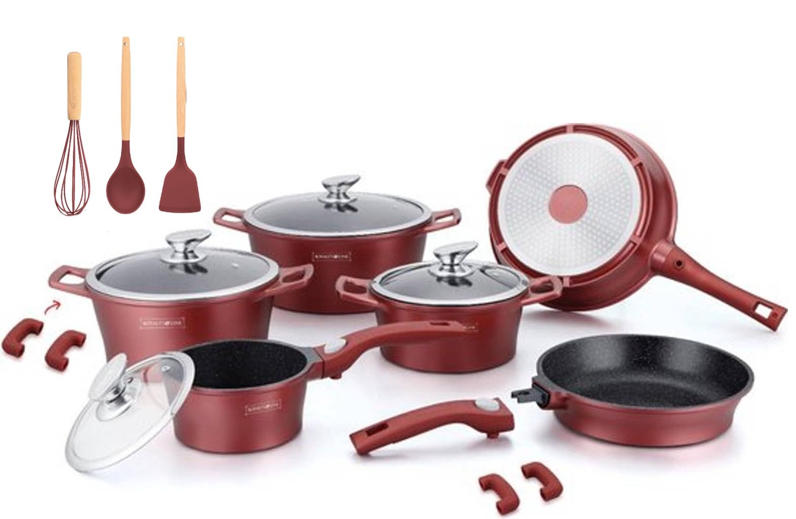 ROYALTY LINE SET 14 PEZZI IN PIETRA PENTOLE PADELLE , MODELLO RL-ES2014M - ROSSO BORGOGNA, PADELLE CON MANICO A SGANCIO RAPIDO