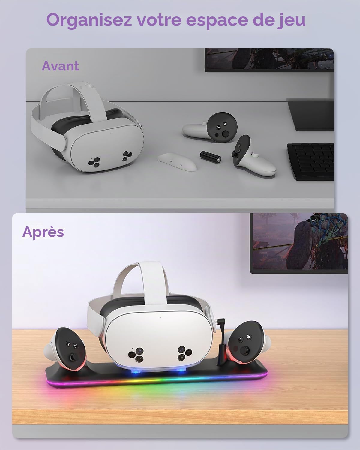 Station de charge pour Meta Quest 3S/3 Kinwin Base de charge magnétique pour accessoires Oculus Quest 3S/3 avec lumière RVB, support de charge pour casque VR et contrôleur avec 2 piles rechargeables