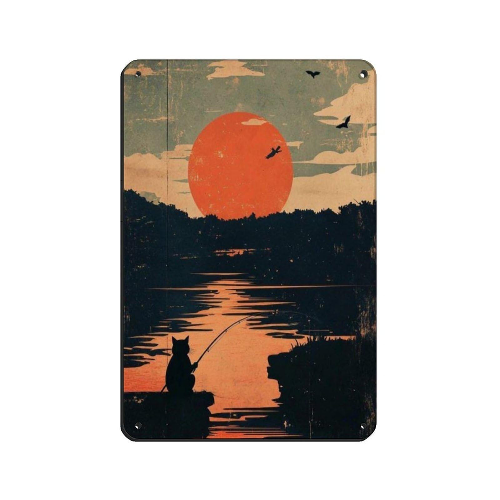 Lxwnze 20L X 30W Cm Sunset Japen Cat Fishing Poster Retro Poster Metal Tin Sign Chic Art Retro Iron Painting Bar People Cave Cafe Family Garage Poster Wall Decoration 8X12inch(20X30cm)