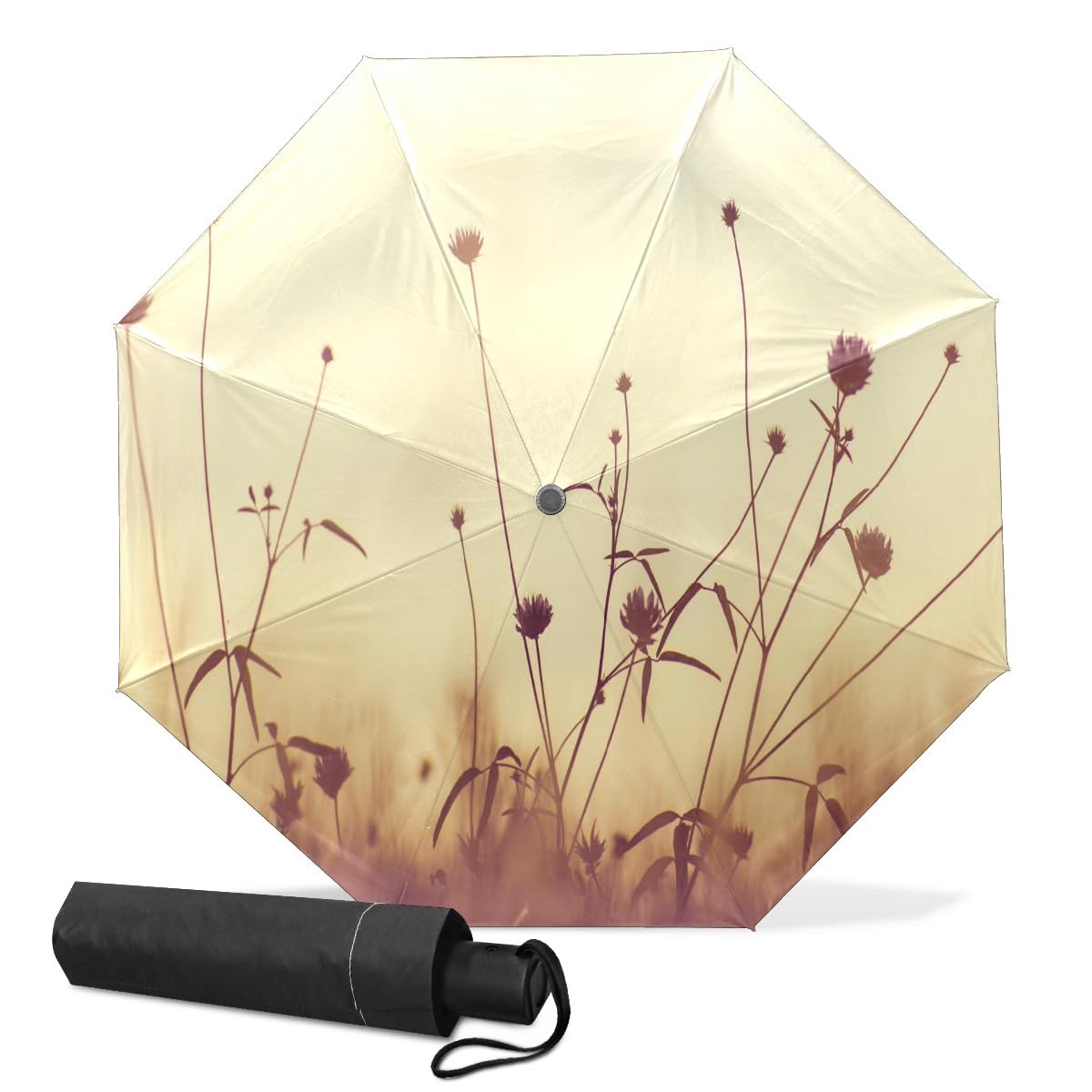 GISPOG Automatic Folding Umbrella, Dandellion Flower Waterproof Compact Sun and Rain Travel Umbrellas for Women & Men