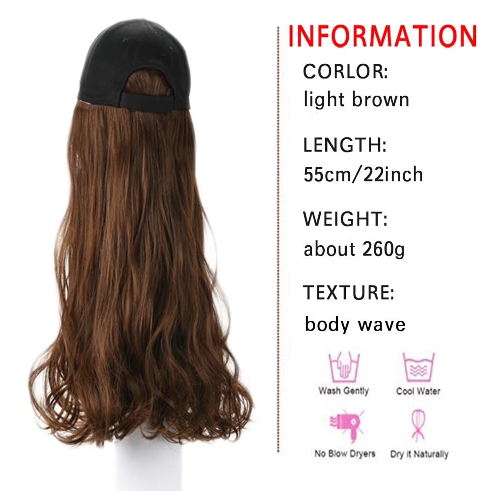 LaLuLoLi Light Brown Cap Hair Wavy Wig with Hat 22" Heat Resistent Natural Fiber Synthetic Curly Hair Extensions Attached Adjustable Black Baseball Cap Fits Women (Light Brown - Image 3