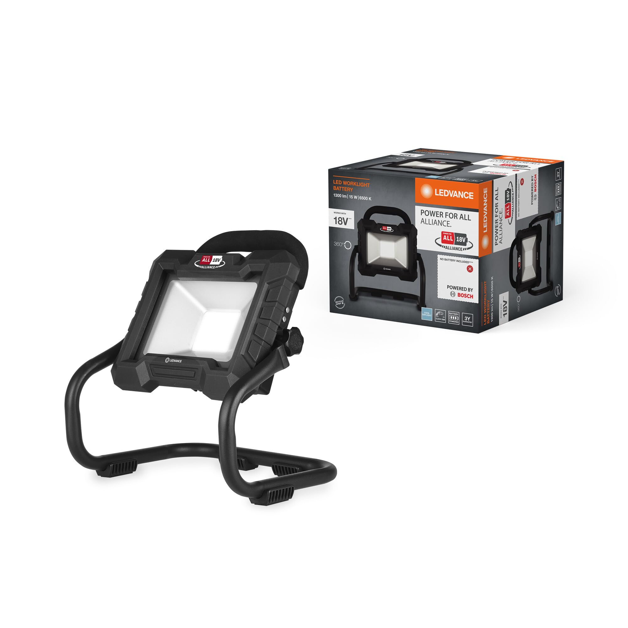 LEDVANCE Arbeitsleuchte mit schwenkbarem Kopf, batteriebetrieben, kompatibel mit Power for all Alliance, 3-stufig dimmbar, 15 W, 1300 lm, 6500 K, 840 kaltes Tageslicht, schwarzes Aluminium, IP20