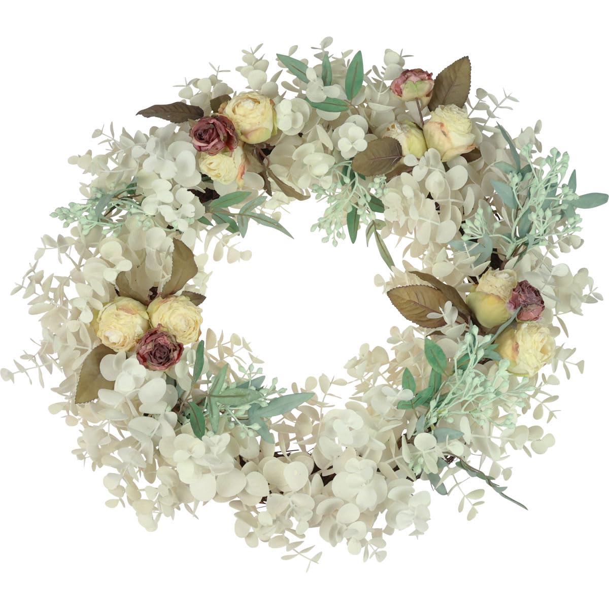 Viana Dekokranz Eukalyptus-Optik, Künstlicher Türkranz Ø50cm, Gebleichte Deko-Blätter mit Kunstrosen, Wandkranz Vintage Herbstdeko, Hochzeitsdeko