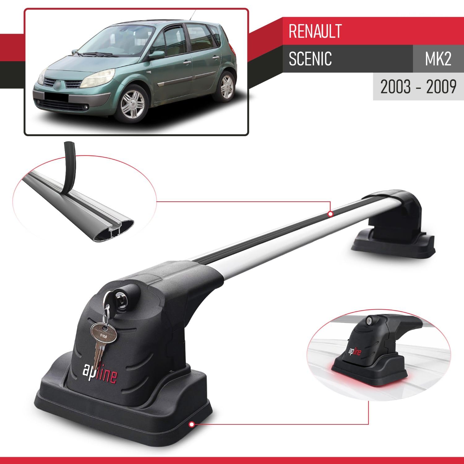 Compatible con Renault Scenic (MK2) 2003-2009 Modelo Ace-3 Barra de Techo Auto Portaequipajes Barras Transversales Gris Aluminio 2 Barras