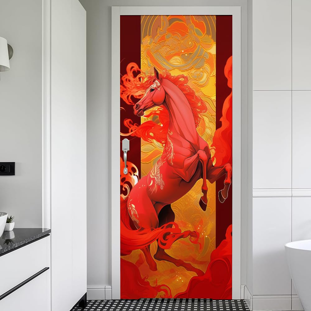 30.7"x79" Red Gold Traditional Chinese Pattern Horse Peel and Stick Door Stickers Vinyl Door Mural Decals Self-Adhesive, Waterproof, Removable Decor for Kitchen Living Room Bedroom