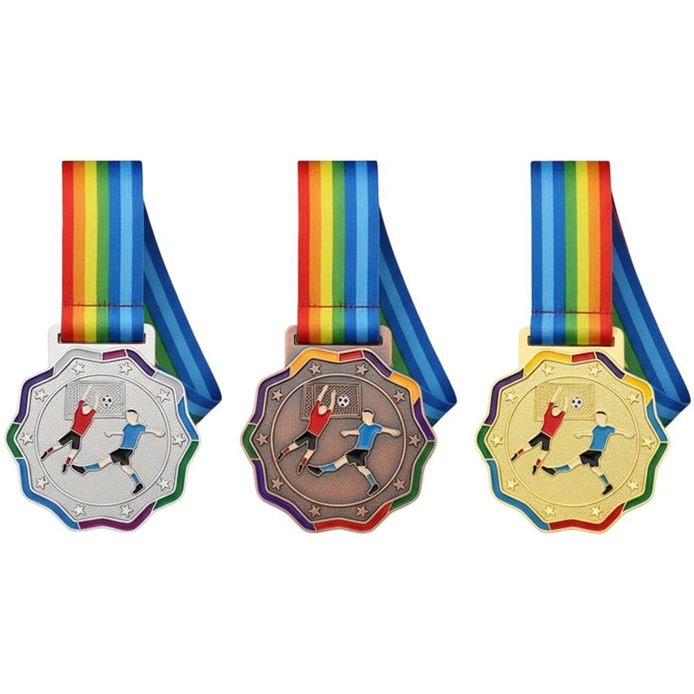 Stakee 3pcs Football Award Medals Set with Ribbon Gold Silver Medal Sports Commemorative Medal for Sports Competitions