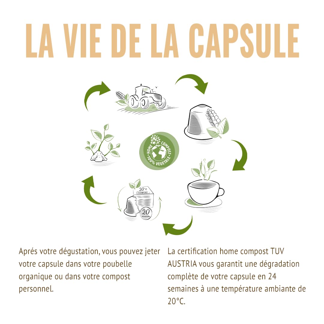 MOKA - 100 Capsules Café Bio d’excellence 100% Pur Arabica du Pérou Bio (10*10) - Délicat et Fruité - Compatibles avec Nespresso - Intensité 6 - Home Compost - Expresso et Lungo - Torréfié en France
