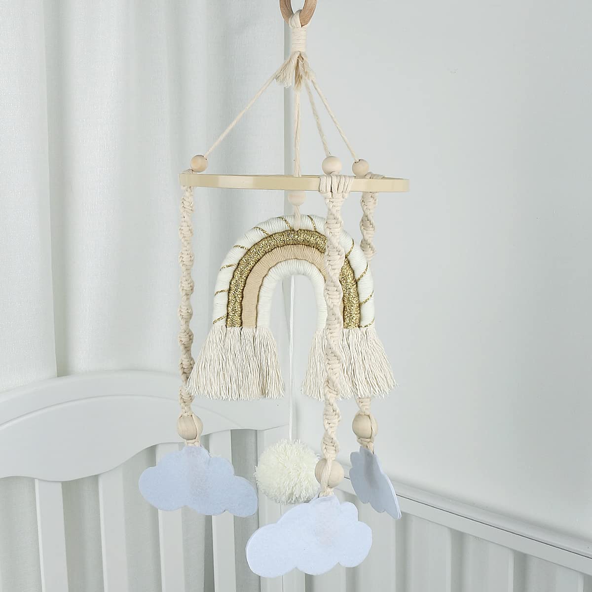 Boho Rainbow Baby Mobiles Natural Baby Mobile for Crib with Felt Cloud Hanging Toys Handmade Cotton Balls Room Cot Decors Baby Shower Gifts with Wooden Clip (can Clip Photos)