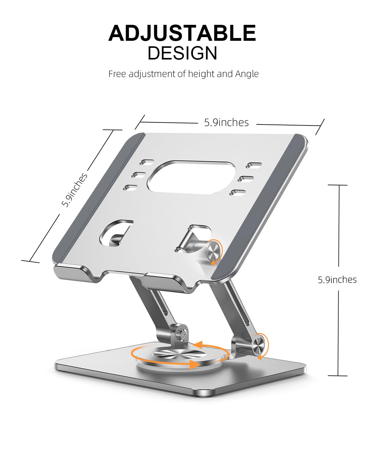 Orlian Tablet-Ständer mit verdickter, um 360° drehbarer Basis, Doppelstange, verstellbarer Aluminium-Ständer für alle 5,8-12,9 Zoll iPads, Samsung, Handys, Tablets, Kindle, E-Reader und mehr, Silber