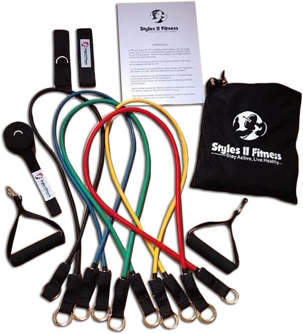 Styles II Fitness Resistance Band Set with Reinforced Carabiner End Connectors (Set of 5 Bands) Elastics, Handles, Door Anchor, Ankle Strap and Resistance Band Carrying Case - For Men & Women - Knee, Legs, Arms, Chest, Back & Shoulder Workout Exercises and addition to any cross training program: CrossFit, P90, Extreme. A Simple, Fast, and Effective Workout.