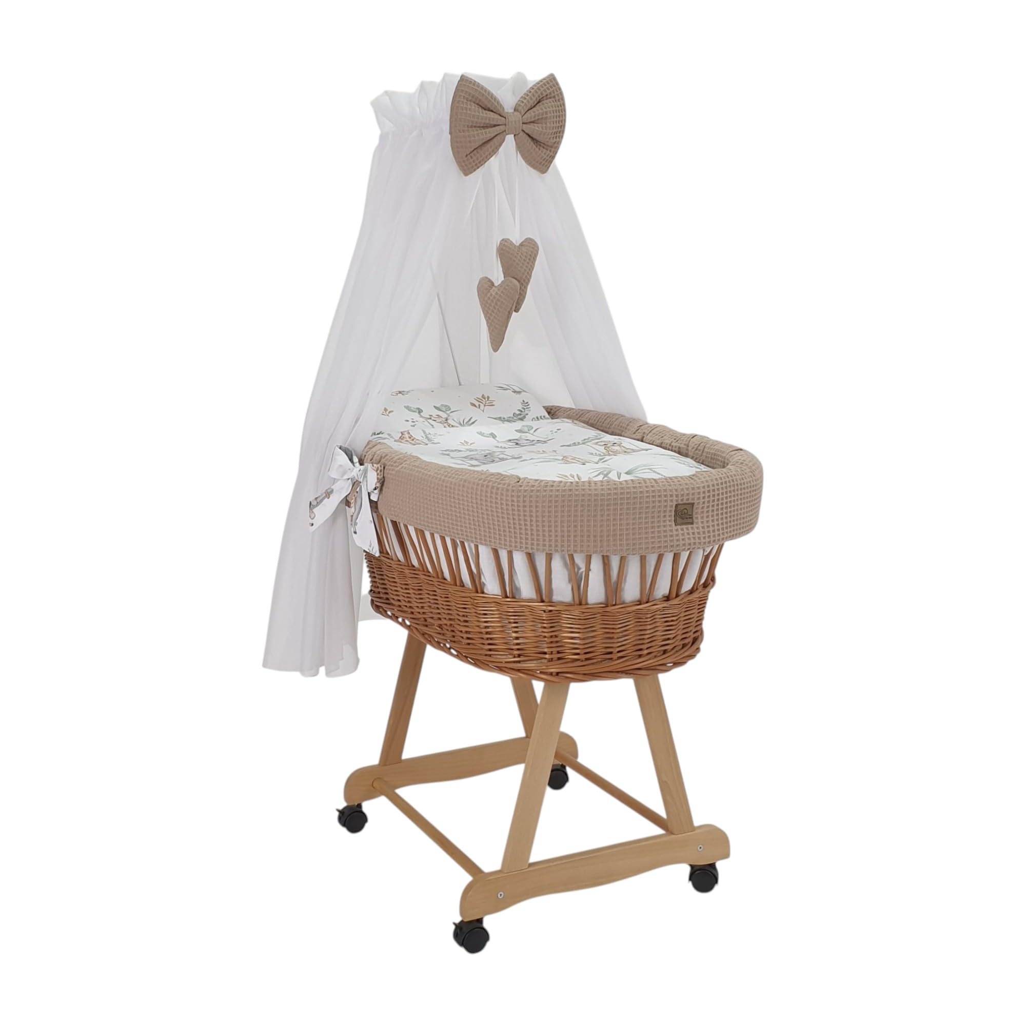 Wiklinopol Stubenwagen aus Weide mit Baldachin und Gestell Lena – Moseskorb in Natur, Komplettset mit 5-TLG. Waffel-Bettwäsche Safari Beige – Mit Rollen, Tragbar, Sicher