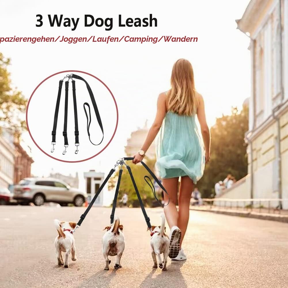ASOCEA 3 Hundeleinen Verwicklungsfrei 3 in 1 Hundeleinen-Kuppler 360° Drehbare Dreifache Leine für Haustiere Einstellbare Abnehmbare Nylon-Traktionsleine für 1/2/3 Kleine Mittlere Hunde Laufen