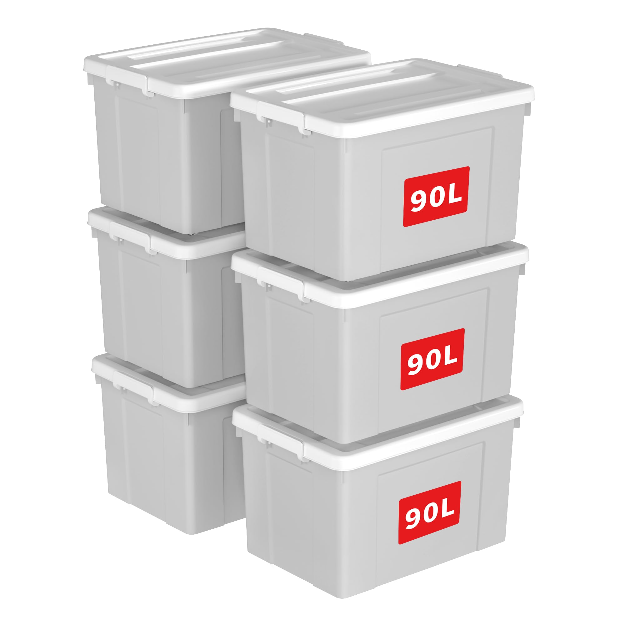 Cetomo 90L*6 Caja de Almacenamiento con Ruedas, Caja de Plástico con Tapa y Cierre Seguro, Contenedor de Almacenamiento Grande, Duradera, Apilable, Resistentes, Gris, Paquete de 6 de 90L