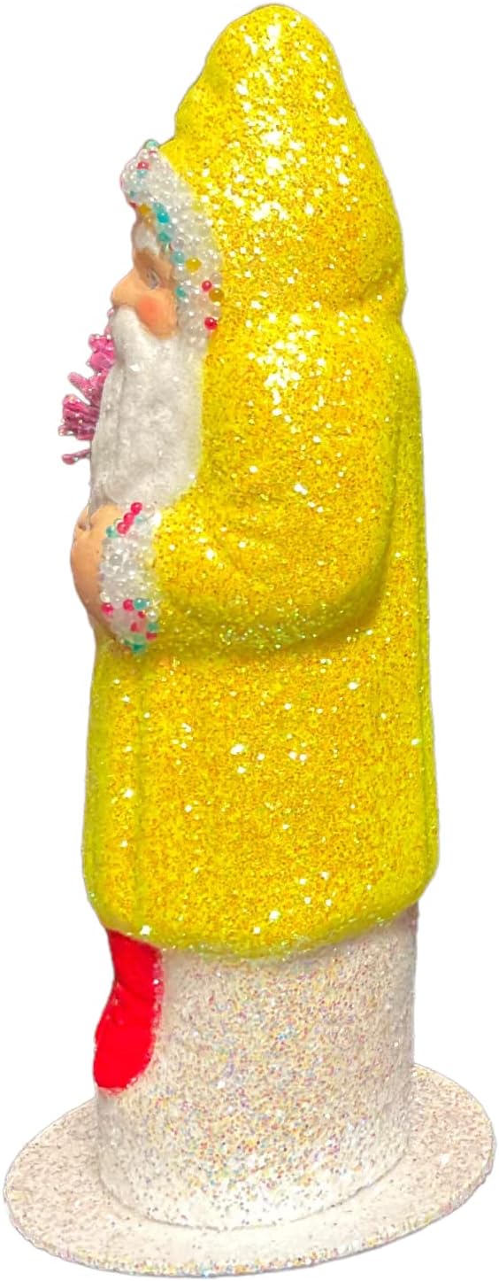 Pinnacle Peak Trading Company Ino Schaller Neon Yellow Glitter Santa with Pink Tree German Paper Mache 6 Inch