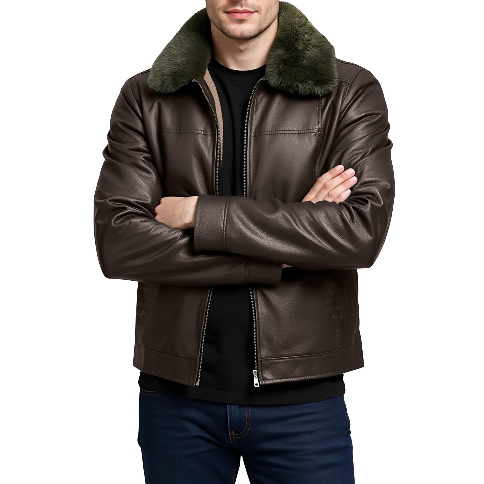 SOOUICKER Lederjacke Herren Winter Gefüttert Bomberjacke Fell Kunstleder Winterjacke Leder Warm Motorradjacke Vintage Fliegerjacke mit Fellkragen Hemdjacke Reißverschluss Elegant