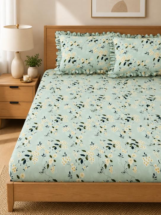 Image of 380 TC Premium Glace Cotton Elastic Fitted Bedsheet King Size with 2 Pillow Covers King Size | Double Bed with All Around Elastic (Green, Fitted - 72 inchx78 inch King)
