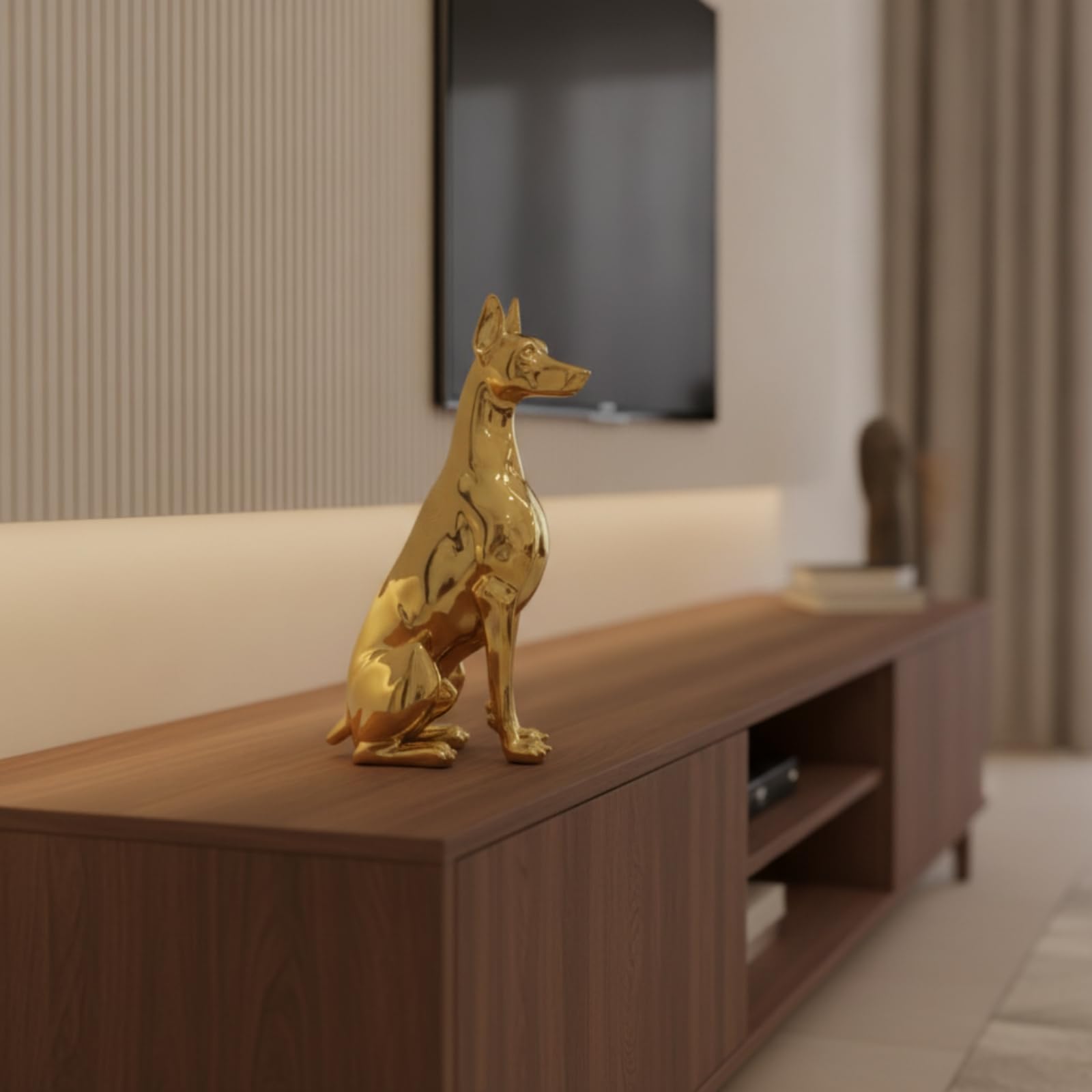 Statuetta Levriero Figurina Cane Scultura Decorazione Tavolo in Resina Finitura Brillante Superfici Luminose Salvaspazio Adatta per Mensole Consolle Mobile Tv Studio, Oro