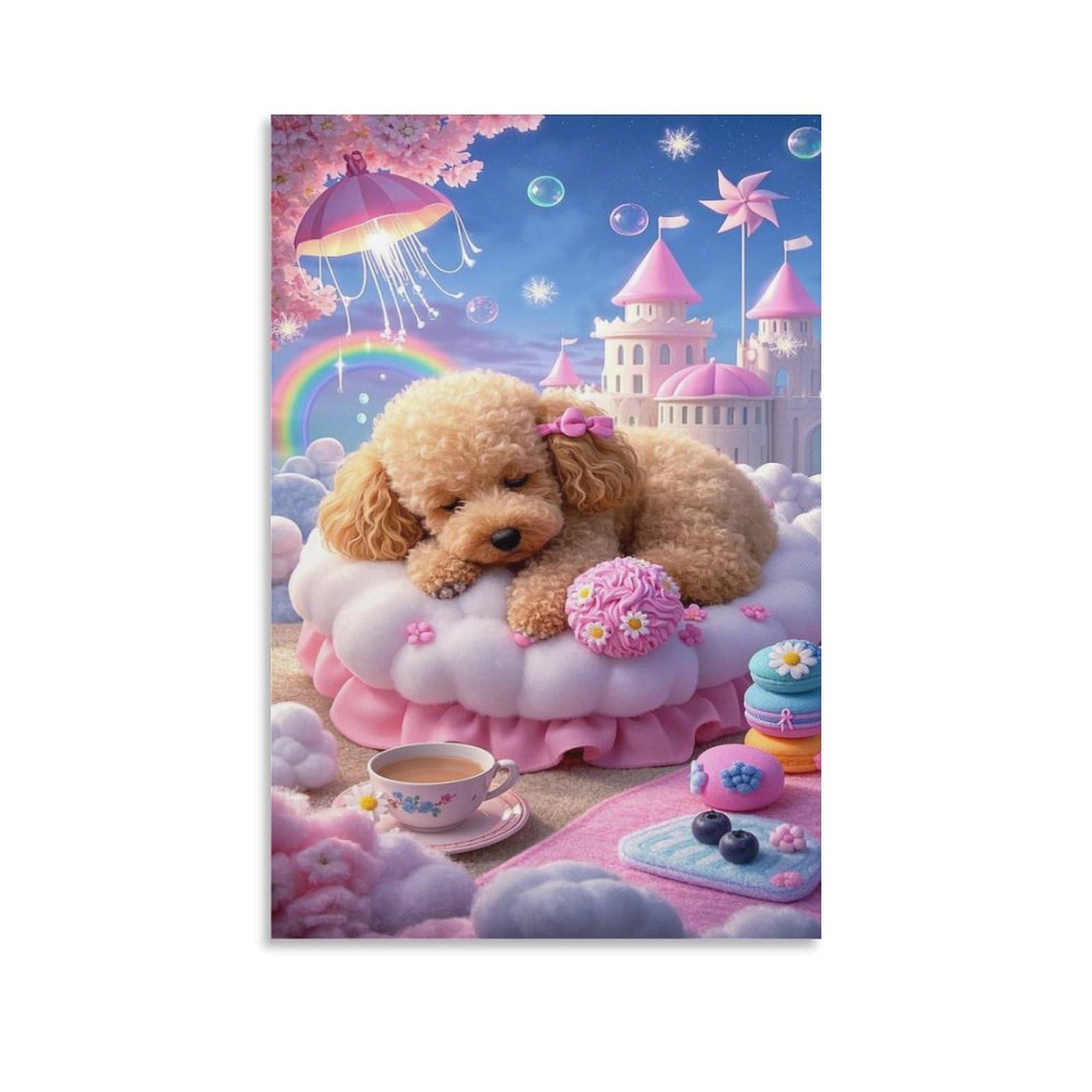 Yyvkpmlxc Unframe-Style-3 Wall Art Teacup Poodle Painting Canvas Castle Prints Pictures Decor By Paintings Ready To Hang For Bedroom Office Home Decoration 20X30inch(50X75cm)