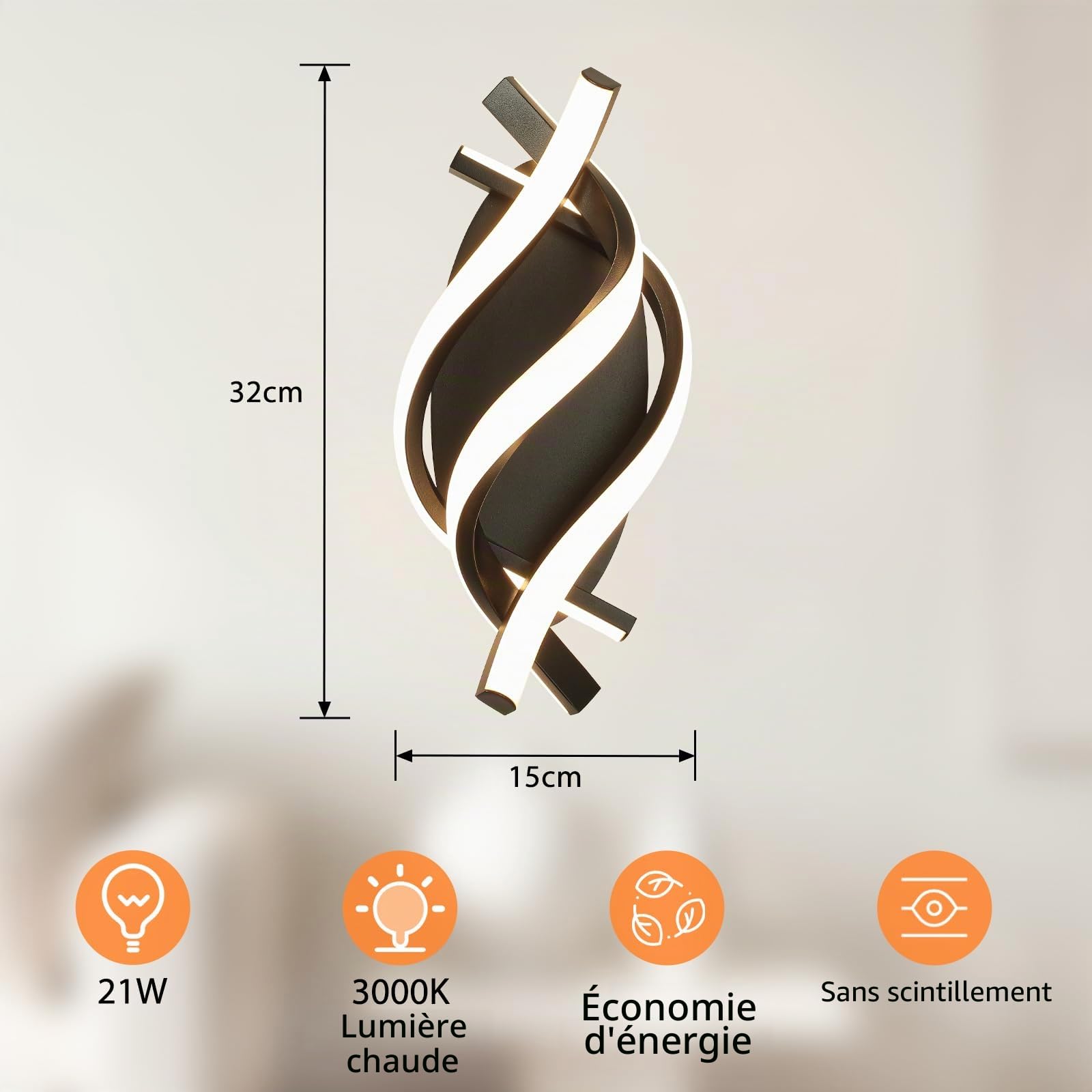 Applique Murale Intérieure Moderne 21W, 3000K LED Lampe Murale 2100lm CRI≥80, Éclairage Mural pour Salon, Chambre, Couloir, Escaliers et Lampe de Chevet Noir