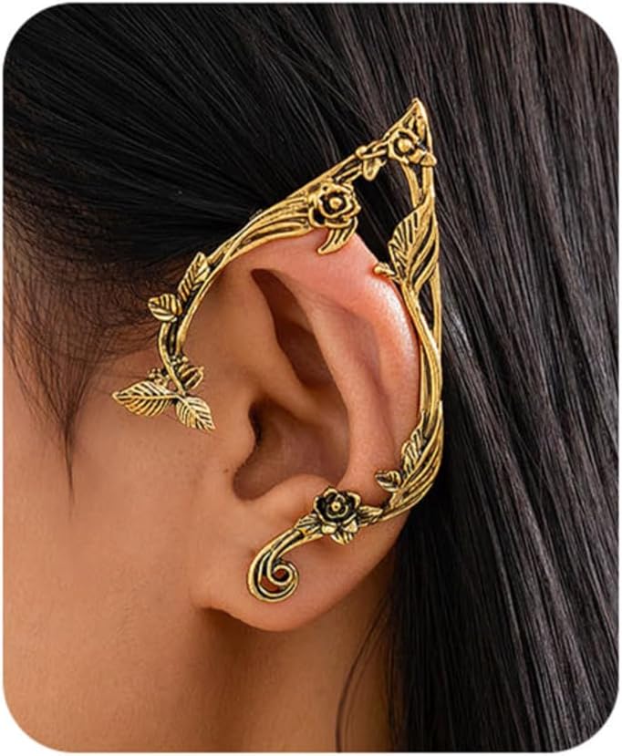 Gothic Elf Ear Cuffs Wrap 2Pcs for Women Silver Gold Cartilage Climber Piercing Earrings Floral Vine Punk Clip-On Statement Retro Jewelry Unique Halloween