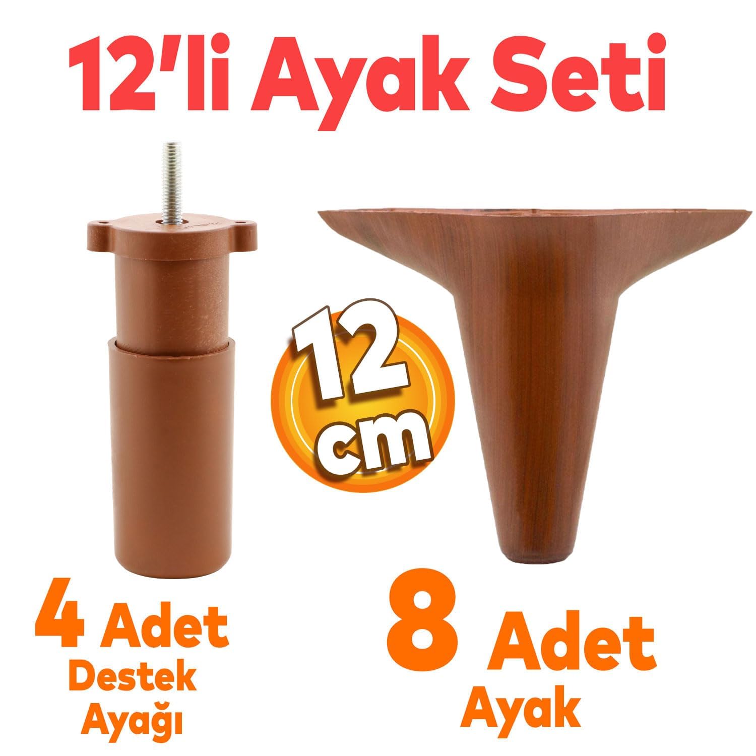 Badem10 Aspen Mobilya Ayağı 12'li Set Robot Süpürge İçin Koltuk Kanepe Destek 12 cm Kahverengi Baza Ayak