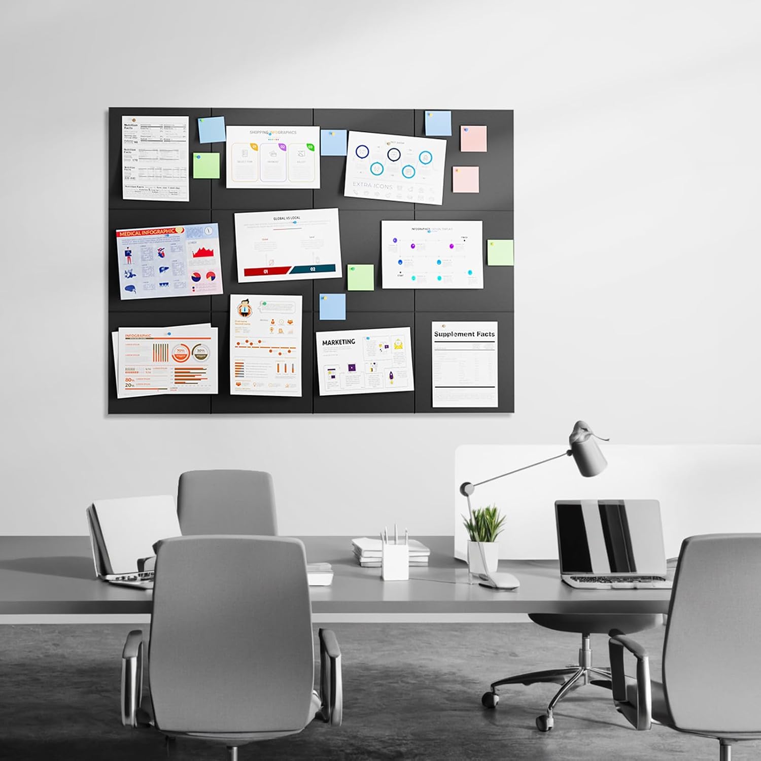 MaxGear Large Felt Bulletin Board 36" x 24", Cork Board Alternative, 6 Pack Black Felt Wall Tiles with Push Pins, Cork Boards for Walls Pin Board for Office & HomePanels