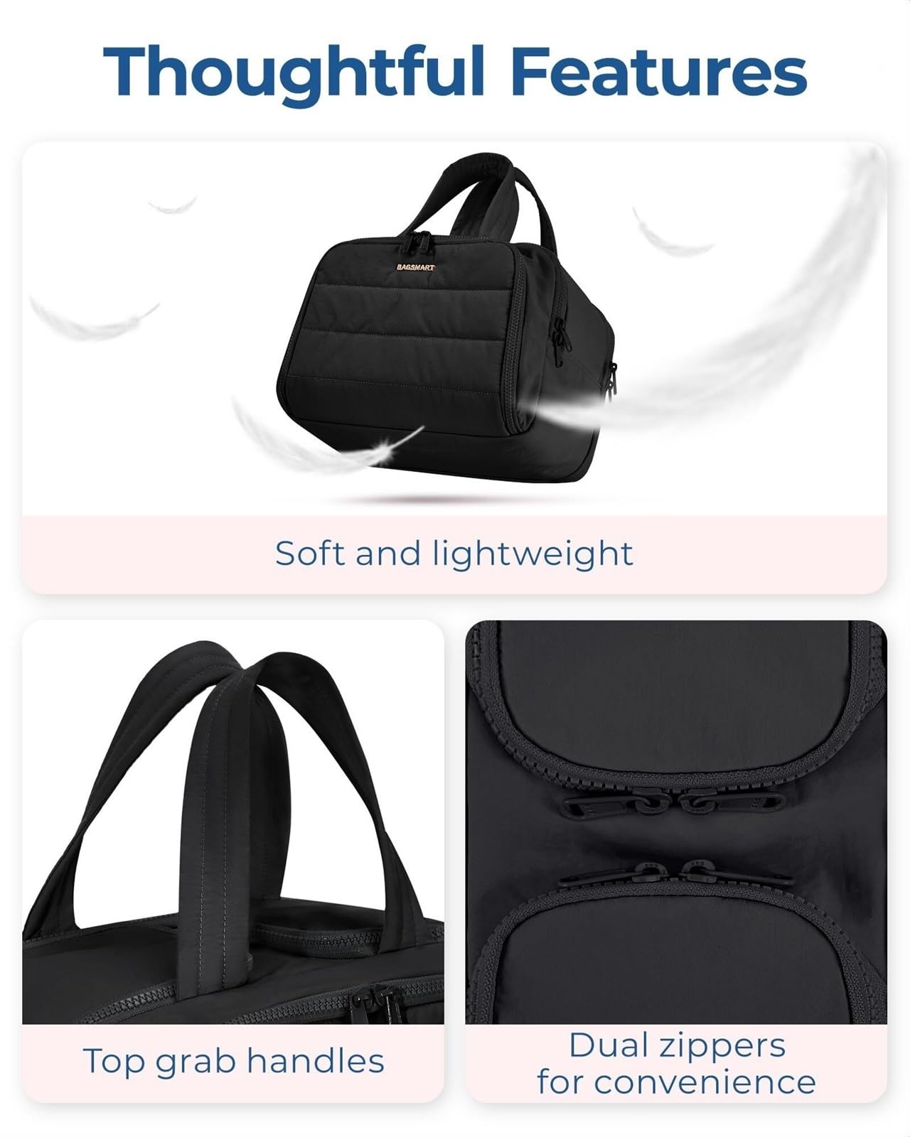 RUVOO Portátil para Viaje Bolsas Bolsa De Aseo De Viaje, Bolsa De Viaje Ligera, Bolsa De Maquillaje Cosmética Esponjosa, Bolsa De Almacenamiento con Asa Organizador Maquillaje(Black)