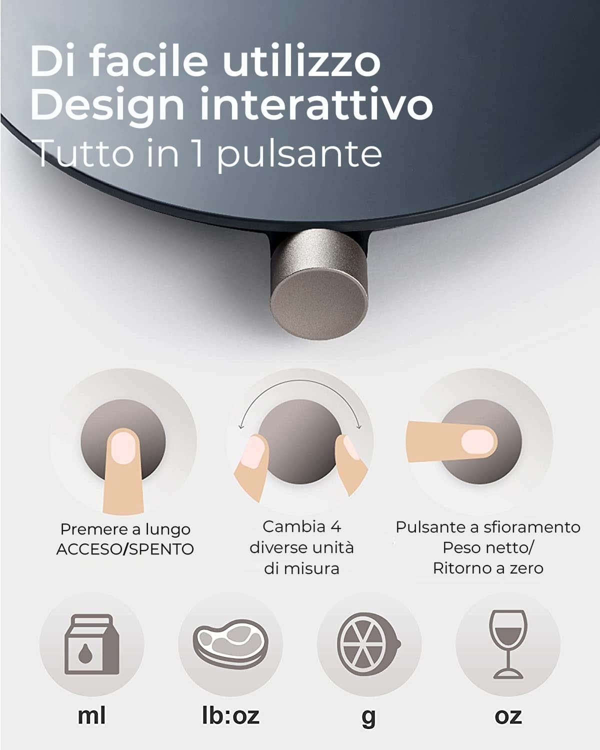 HOTO Bilancia da Cucina Intelligente, Bilancia da Cucina Digitale, Bilancia da Caffè, Bilancia da Cucina con Sensore ad Alta Precisione da 0,1g, Misure in 4 unità (g/ml/oz/lb:oz)
