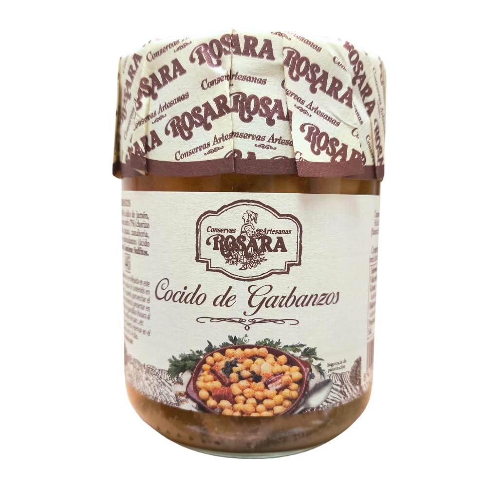 Rosara | Preparado Cocido de Garbanzos Cocidos con Costilla de Cerdo, Caldo de Jamón y Chorizo en Tarro de Cristal 445 Gr - Comida Preparada Gourmet Artesanal con Aceite de Oliva, Patata y Zanahoria