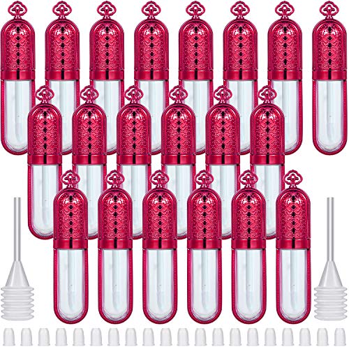 20 Pieces Empty Plastic Lip Gloss Tube with Lid, Refillable Lip Balm Bottle Reusable Lip Balm Container and 20 Pieces Rubber Inserts, 4 Pieces Transfer Pipettes for Lipstick Cosmetics (Rose Red)