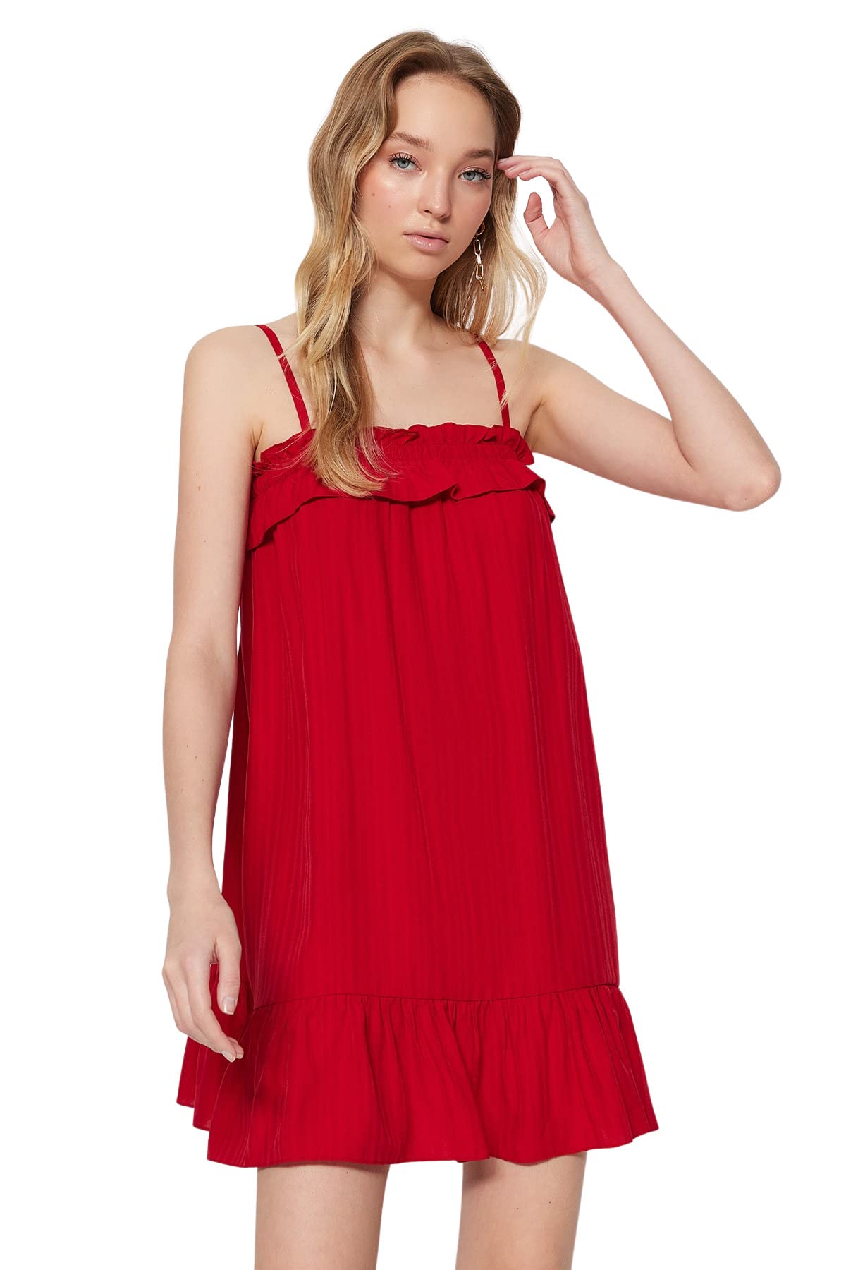Trendyol Women Mini Shift Relaxed fit Woven Dress,Red,40