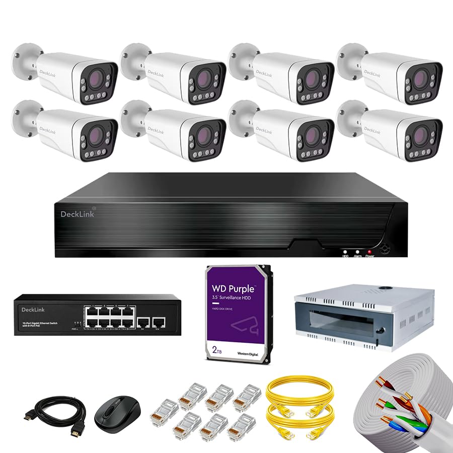 Image of DeckLink IP 5MP 8 CCTV 10X Optical Zoom Lens Camera 4k NVR Full Set Metal Body Audio Mic Inbuilt, Poe 8+2 Full Giga 1000Mbps Switch, Cat6 Cable with 2Tb Surveillance Hard Drive and All Accessories