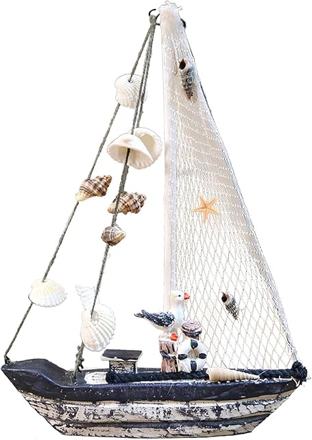 MVPACKEEY Sailboat Model Stable Bar Wooden Sailing Boat Model with Seagull Seashell Table Ornament Sailboat Decoration Nautical Gift