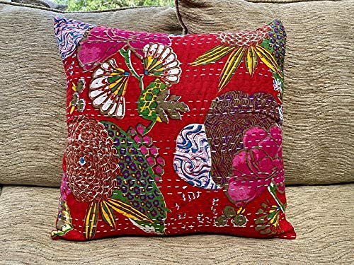 Image of Cotton Kantha Embroidery Cushion Cover (16x16-inches) (Set of 1, Red)